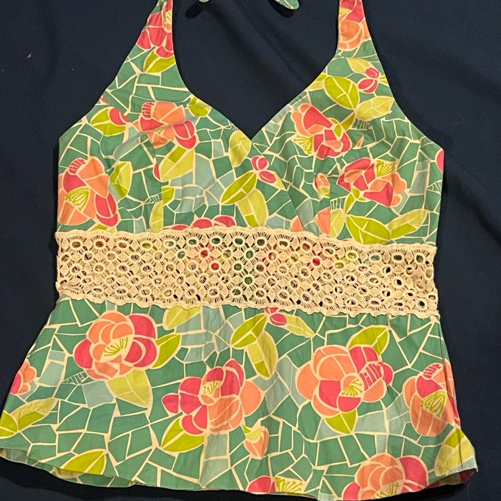Lilly Pulitzer Green and Pink Floral Tank Top with Crochet Band